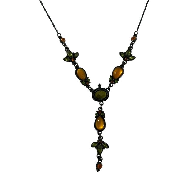 Vintage Nina Ricco Avon Y Lariat Necklace Orange Gunmetal Chain Boho Gothic - Picture 4 of 9